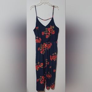 Xhilaration Navy With Floral Spaghetti-Strap Jumpsuit with Red Blooms NWOT Sz XL
